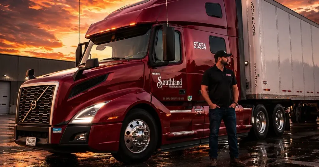 AI image of truck driver in front of sleek Southland Transportation dry van